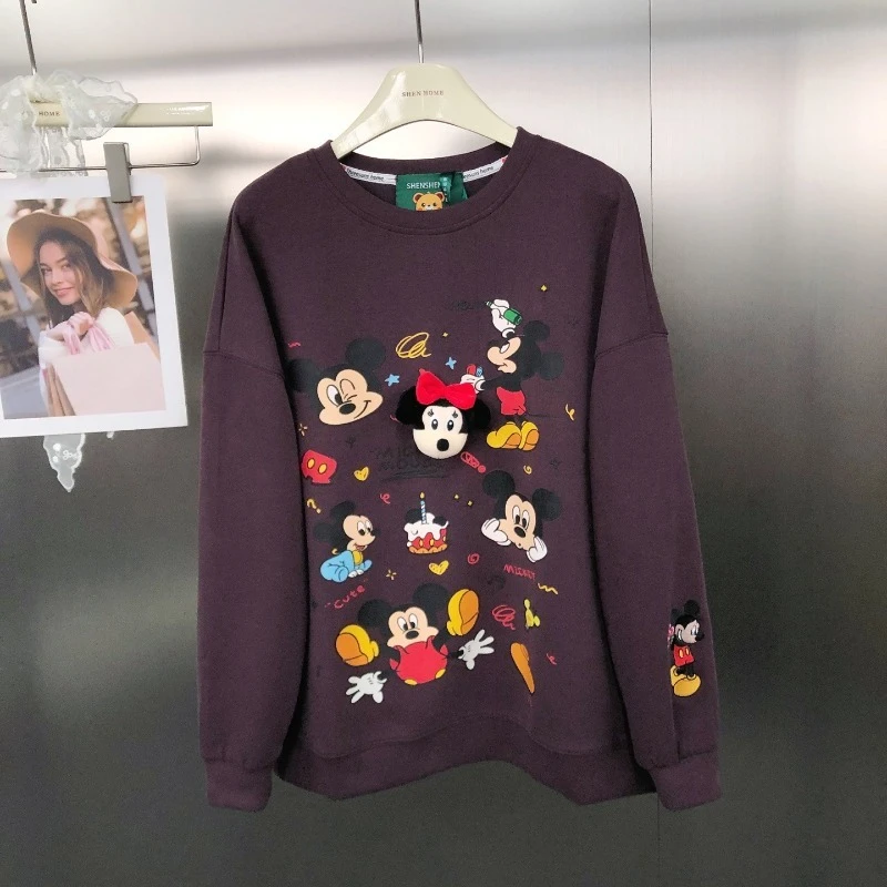 American Retro Cartoon Print Loose Versatile Pure Cotton Top Sweatshirt Pullover Heavy Embroidery Cartoon Long Sleeves Sudaderas