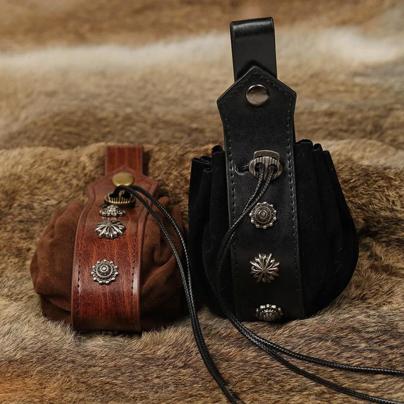 Bolso de cintura exquisito Vintage Medieval Unisex, cinturón colgante de cuero de imitación, monedero portátil, bolsa de dinero con cordón, Cosplay,