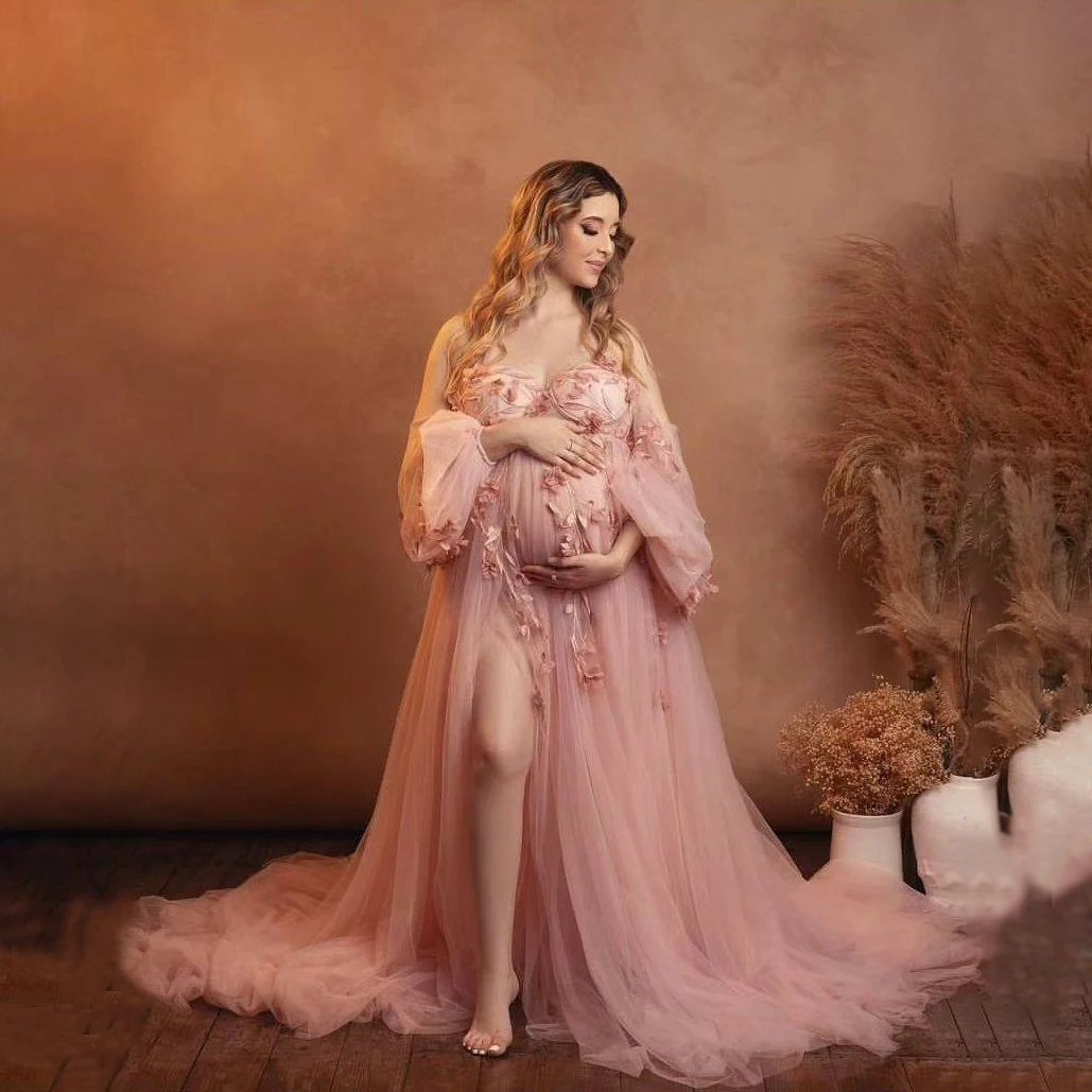 Sweet Photography Maternity Dresses with 3D Flowers Pink Pregnant Woman Photoshoot Dress Woman Tulle Maternity Gowns