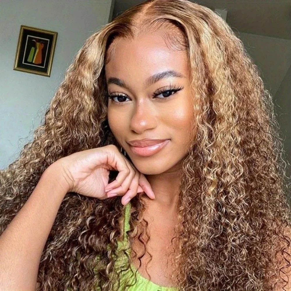 

5×5 Deep Wave Highlight Lace Front Wigs Human Hair Glueless 220 Density Transparent Honey Blond Pre Plucked Lace Frontal Wig4/27