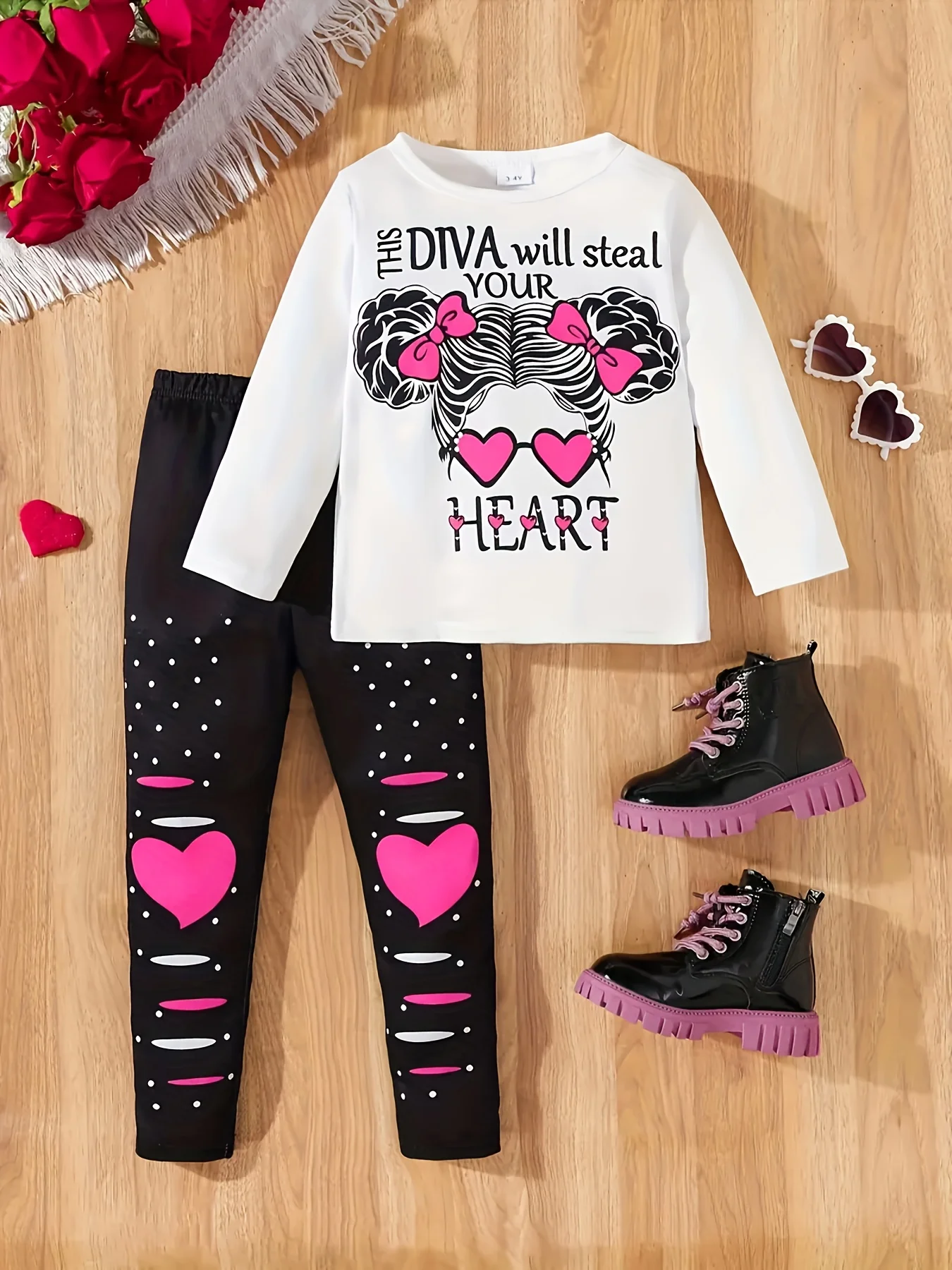 

Spring Autumn Baby Girl's round Neck Cartoon Print Long Sleeve Top And Heart Print Long Pants Cute Two-Piece Set for Toddlers