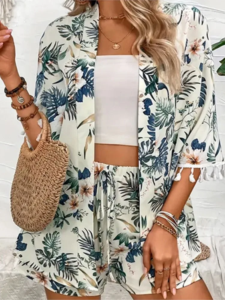 Frauen 2024 Neue Lose Hemd Strand Hosen Set Gedruckt Quaste Kurze Zwei-stück Tops Für Frauen Mode Lässig kordelzug Shorts Set