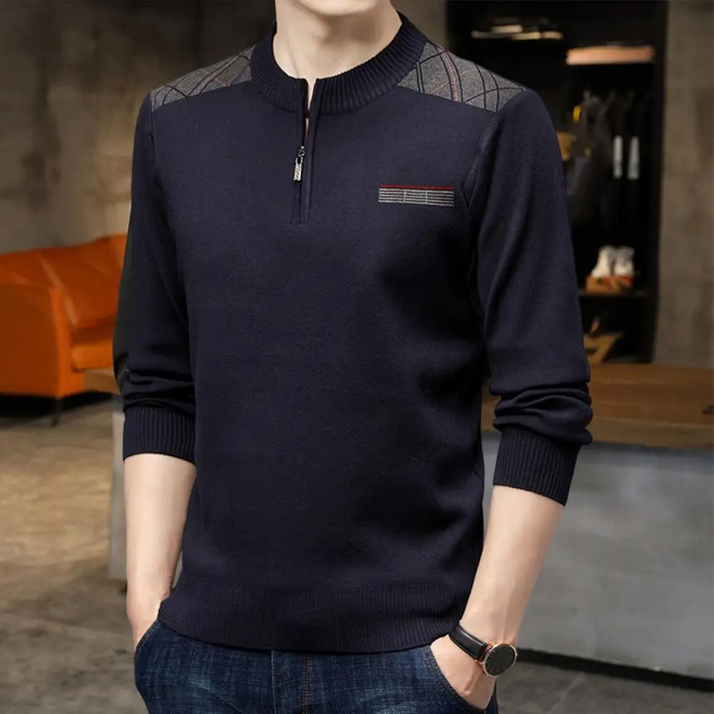 Men Sweater Round Neck Pullover Long Sleeve Zipper Elastic Warm Anti-pilling Large Size Spring Top Daily Life Clothes