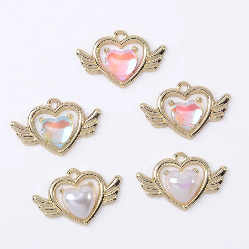 Fashion trend earrings chain micro-inlaid heart-shaped mocha pearl love wings pendant DIY alloy accessories material