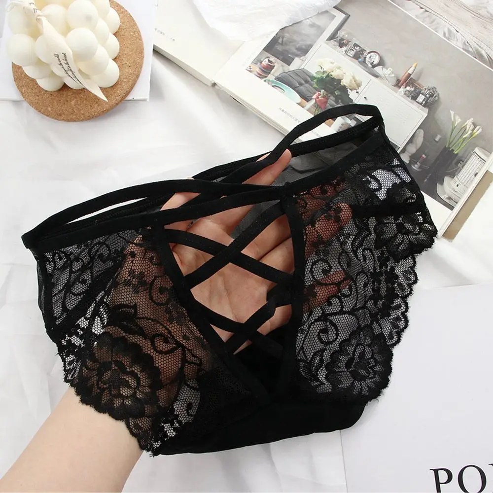 Fashion Sexy Black Lace Hollow Out Women Panties Low waist Thin Mesh Seamless Briefs Cotton Crotch Lingerie