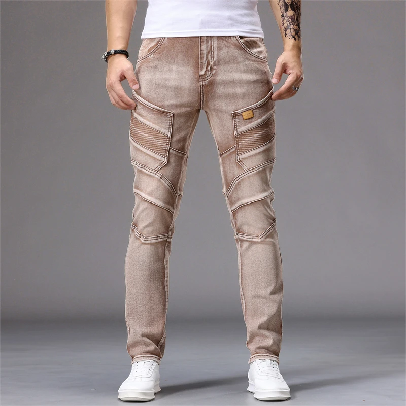 Men's Patchwork Skinny Ripped Jeans Fashion Trousers Elastic Slim Hole Biker Denim Pants Hip-hop Rock American Streetwear