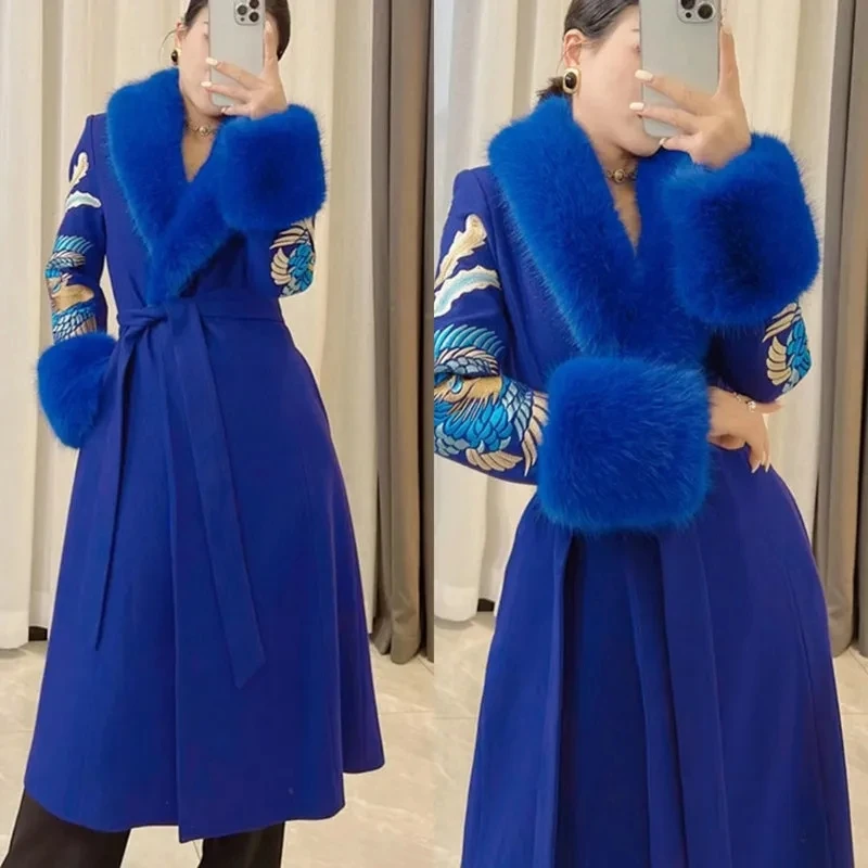 

High-End Long Woolen Coats Women's Winter New Print Fox Fur Collar Wool Jackets Lady Fashion Padded Cotton Imitation Fur Outwear