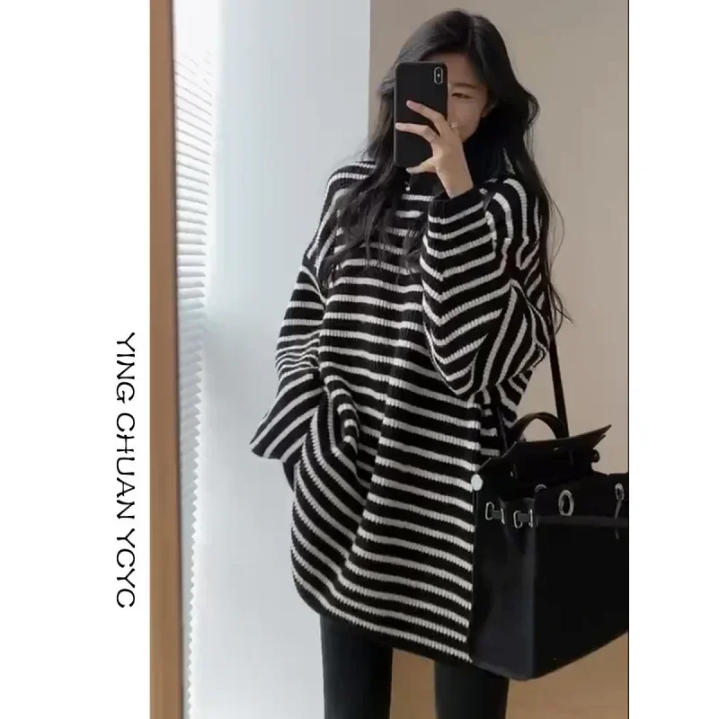 Spring Autumn 2024 Korean Version Loose-Fit Versatile Idle Style Soft And Supple Medium-Length Black And White Stripe Sweater Wo