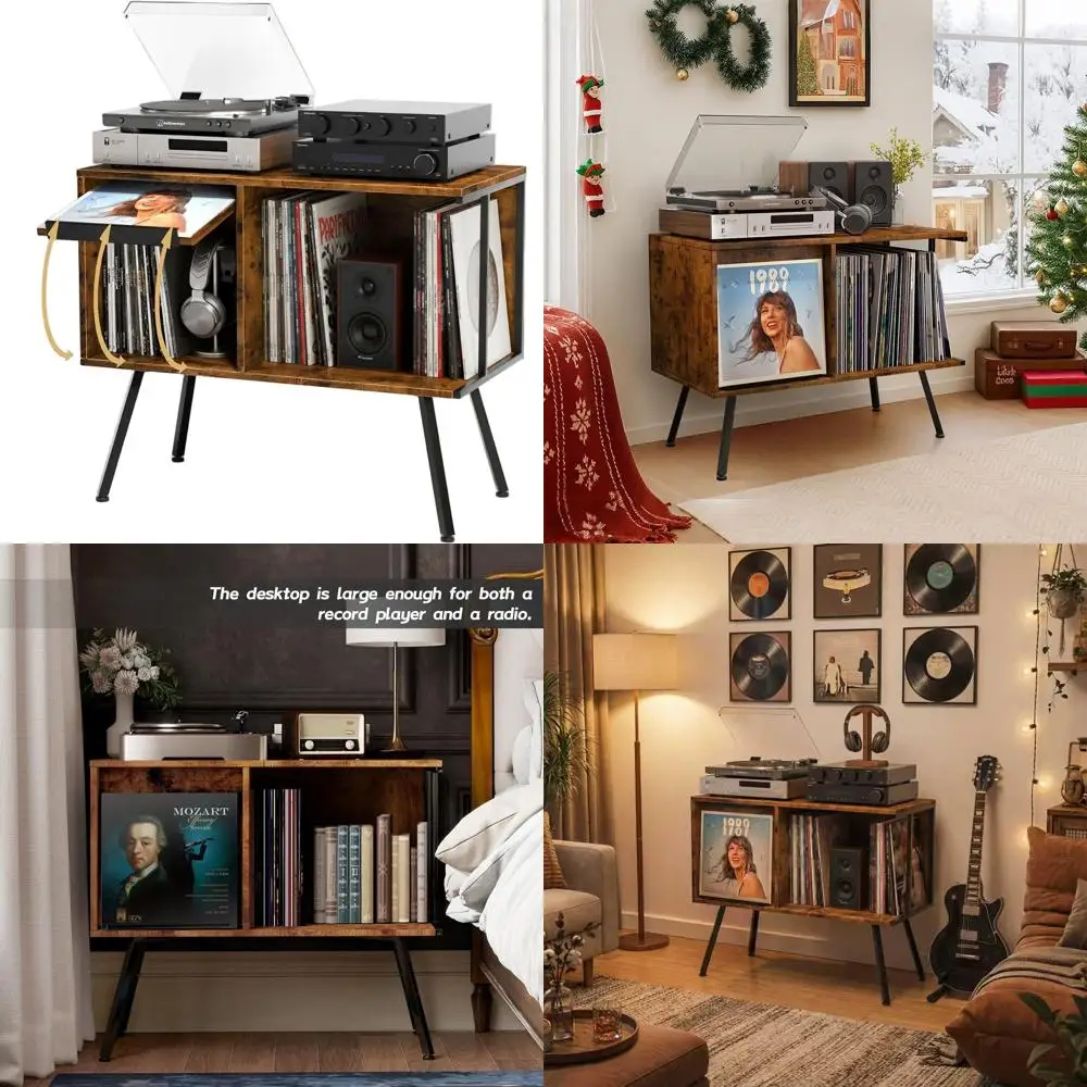 

Винтажная большая подставка для проигрывателя виниловых пластинок на 150+ альбомов, с открытым шкафом для хранения, подходит для гостиной или спальни, цвет: рустик-коричневый