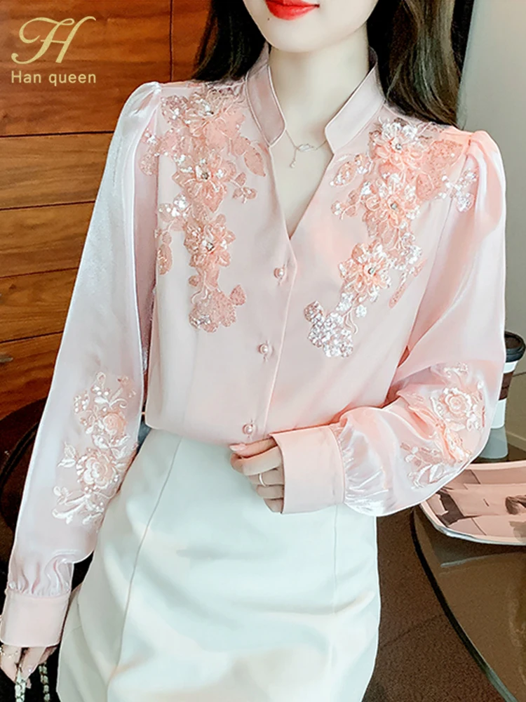 H Han Queen Spring Basic Office Lady Blusa Embroidery Sweet Vintage  Tops Elegant Chiffon Women Blouses Loose Casual Shirts