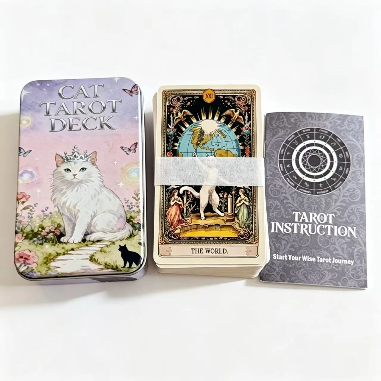 Jeu de tarot pour chats dans une boîte métallique 12*7cm, cartes de tarot mignonnes avec guide papier pour les amoureux des chats, jeux de société