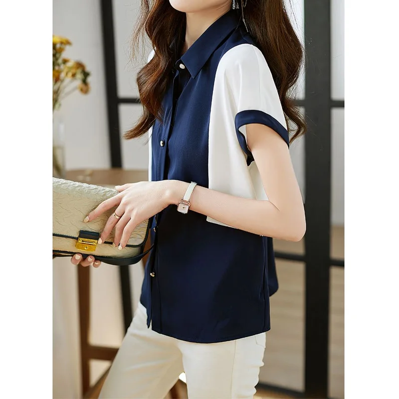 Polo Neck Chiffon Blouse Women\'s Short Sleeve Summer New Patchwork Contrast Loose Office Shirt Tops Fashion Casual Clothing