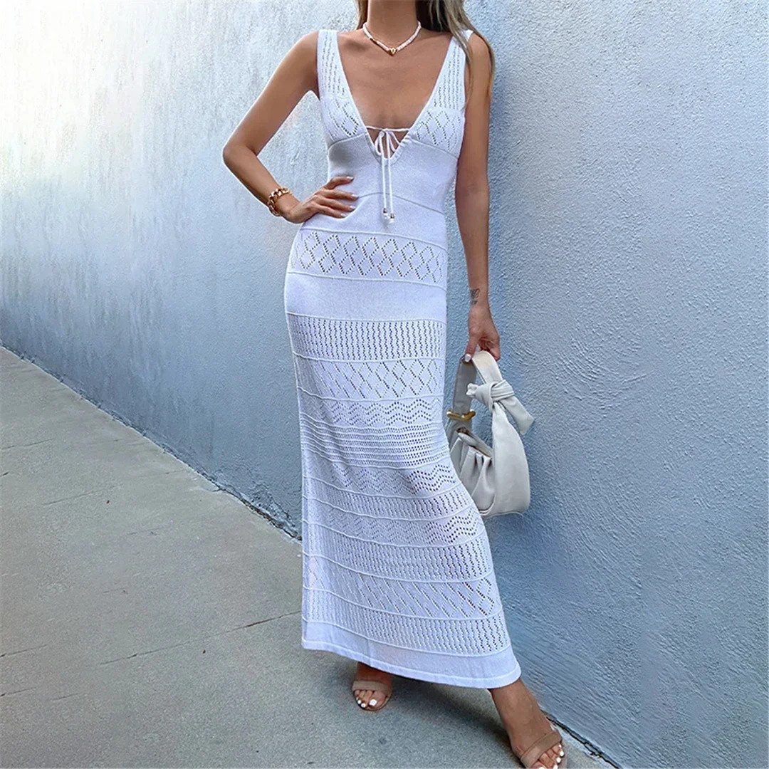 New V Neck Cut Out Hollow Out Crochet Knitted Tunic Beach Cover Up Cover-ups Beach Dress Beach Wear Beachwear Female Women V5806