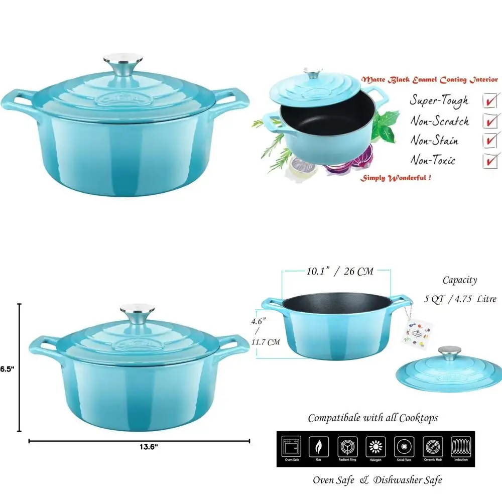 

Enameled Cast Iron Dutch Oven 5-Quart Matte Black Interior Teal Enamel Exterior Casserole Pot for Cooking