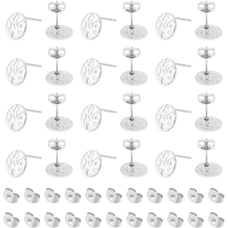 

60 Pcs Textured Flat Round Stud Earring Stainless Steel Stud Findings Stud Post with Loops with Backs