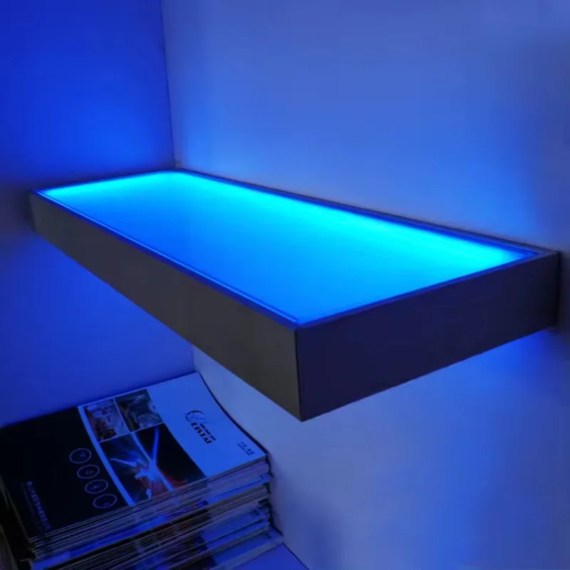 Wall mount type tempered glass flat shelf with colorful LED light