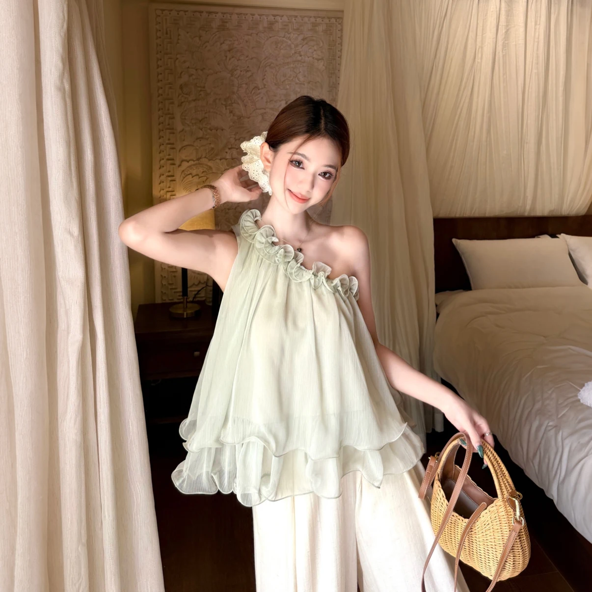 

Vacation Style Off-Shoulder Chiffon Tank Top Women Summer Outerwear Loose Slimming Sleeveless Shirt Korean High-End Feeling