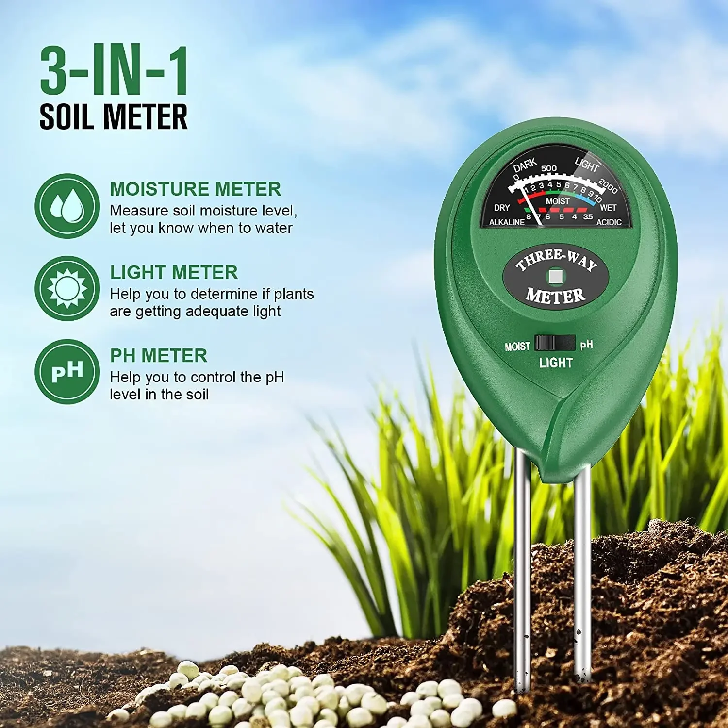 3 in 1 Soil PH Meter Sunlight PH Tester Garden Flowers Soil Moisture Sensor MeterPlants Acidity Humidity PH Monitor Detector