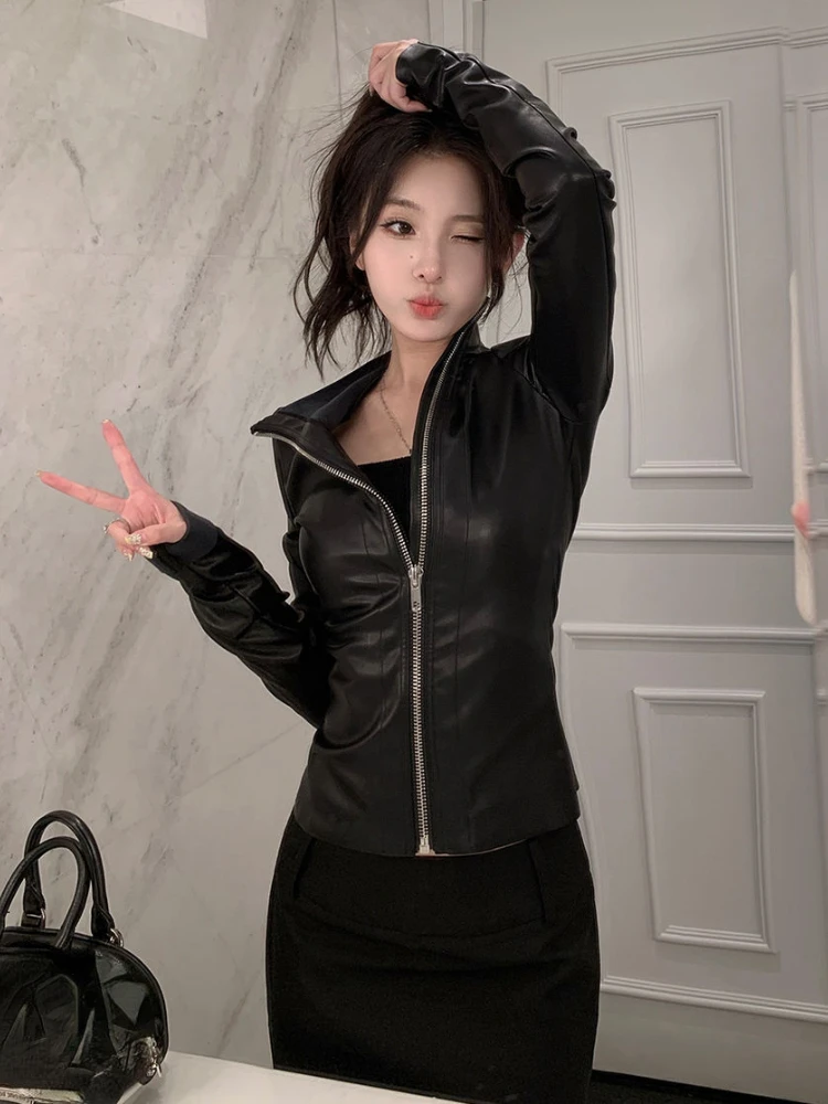 

Уличная одежда, однотонные женские куртки из искусственной кожи Y2k, эстетичная молния, облегающие укороченные эластичные пальто в стиле Харадзюку, повседневные черные панк-музыки Chaqueta