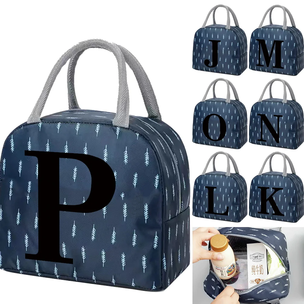 

Portable Zipper Thermal Lunch Bags Canvas Black Letter Cooler Bag Insulated Freezer Box Camping Leaf Pattern Picnic Food Tote