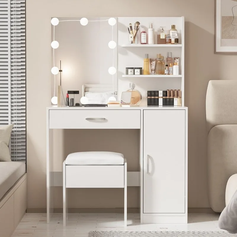 Makeup Vanity with Lighted Mirror, Desk Drawer and Storage Cabinet, Dresser Mirror Dressing Table for Bedroom, Bathroom