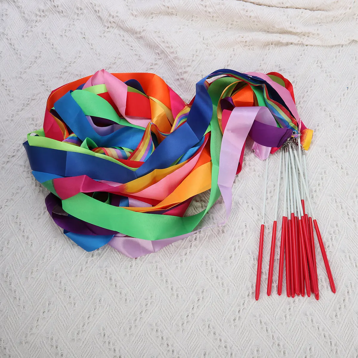 14Pcs Vibrant Dancing Gymnastics Ribbon Silk-Like Rhythmic Ribbon for Chinese Oriental Dance Baton Twirling Exercise