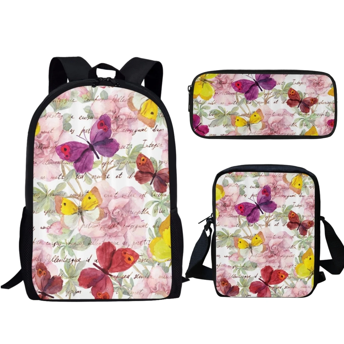 Mochila Aquarela Padrão Borboleta Artística para Meninas, Casual School Bag Set para Crianças, Teens Book Bags, Mochila de Viagem para Crianças, Moda