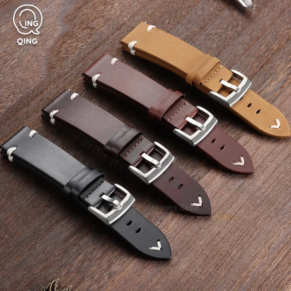 20/22mm Vintage Calfskin Leather Watch Band Metal Pin Buckle Oil Wax Strap Quick Release Men Women Bracelets Universal Wristbelt