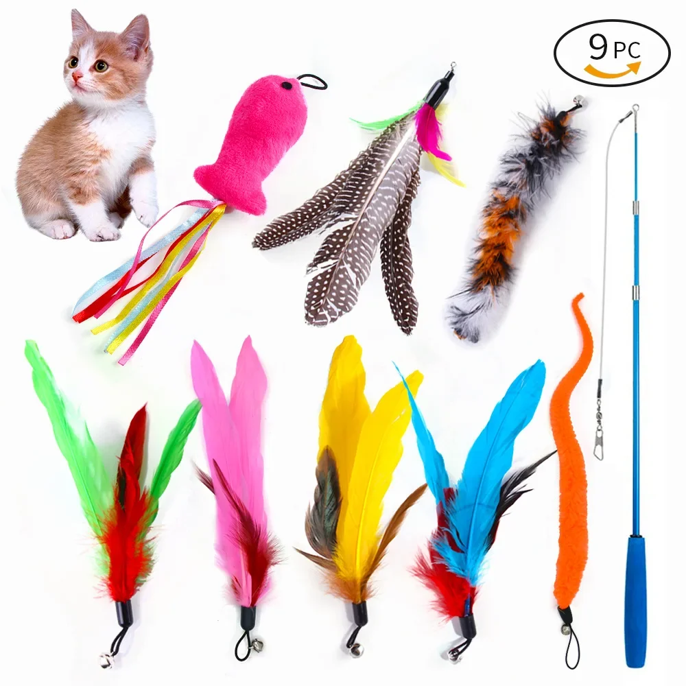 

Cat Toy Pet Set Caterpillar Feather Replacement Head Retractable Funny Cat Stick Fishing Rod Cat Toys Interactive