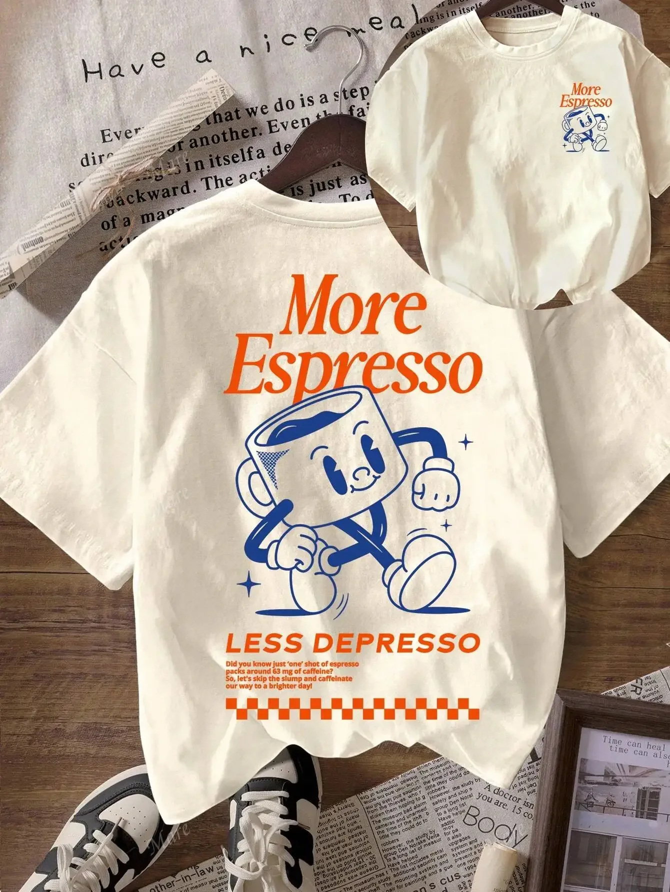 

Сорочки больших размеров для всей семьи с более мотивом эспрессо и милым персонажем кофейной чашки