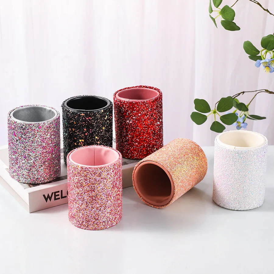 Cosmetic Brush Organizer Storage Box Glitter PU Leather Make up Cup Holder Pens Brushes Holder Case Cylinder Cosmetic Bucke