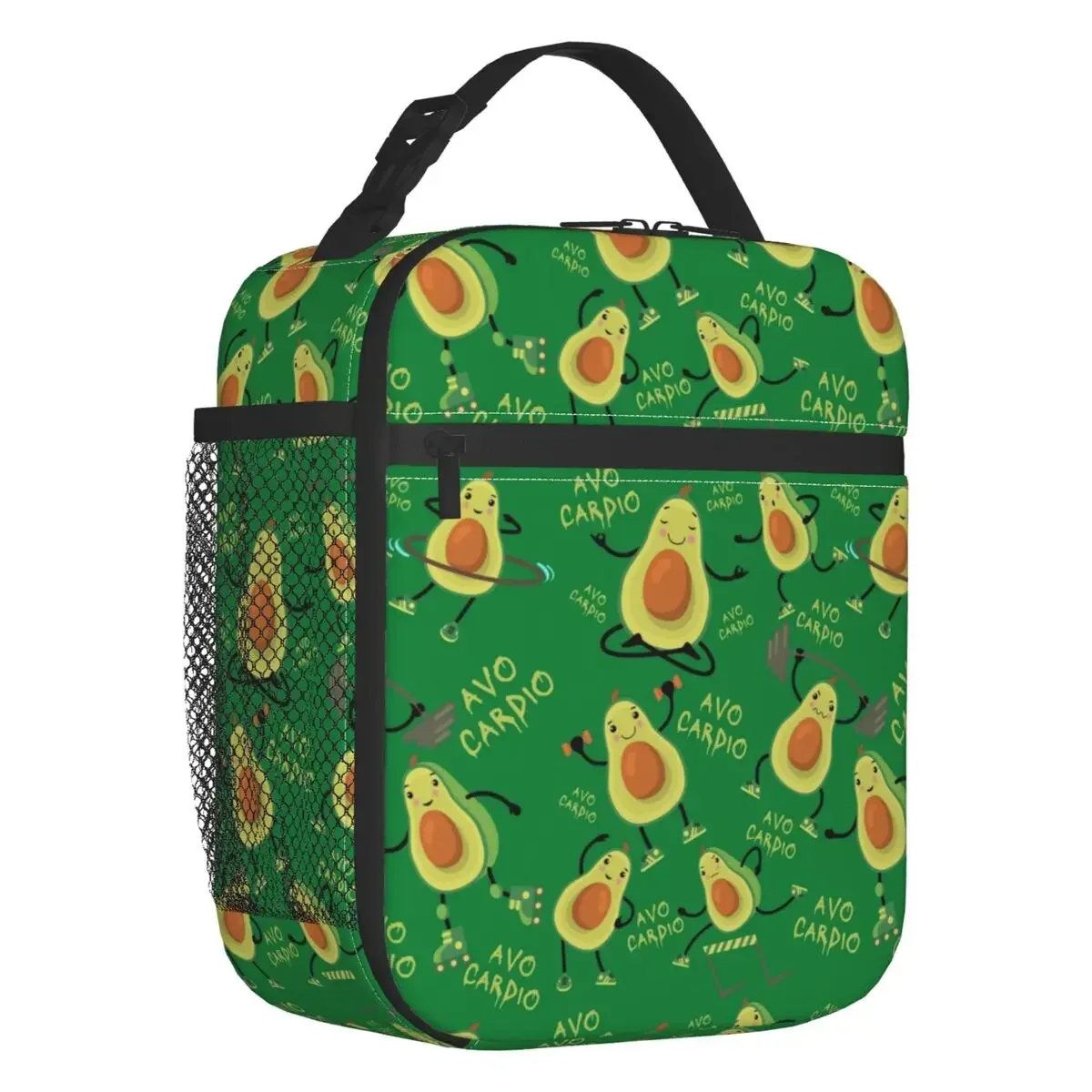 Green Avo Cardio Funny Fitness Avocado Pattern Insulated Lunch Bag for Women Waterproof Cooler Thermal Lunch Tote Office School