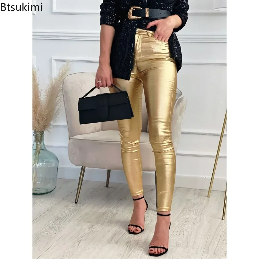 New 2025 Women's Shinny Button Zipper Trousers Pants Holiday Solid Pocket Simple Ladies Pencil Pants Casual Streetwear Pants