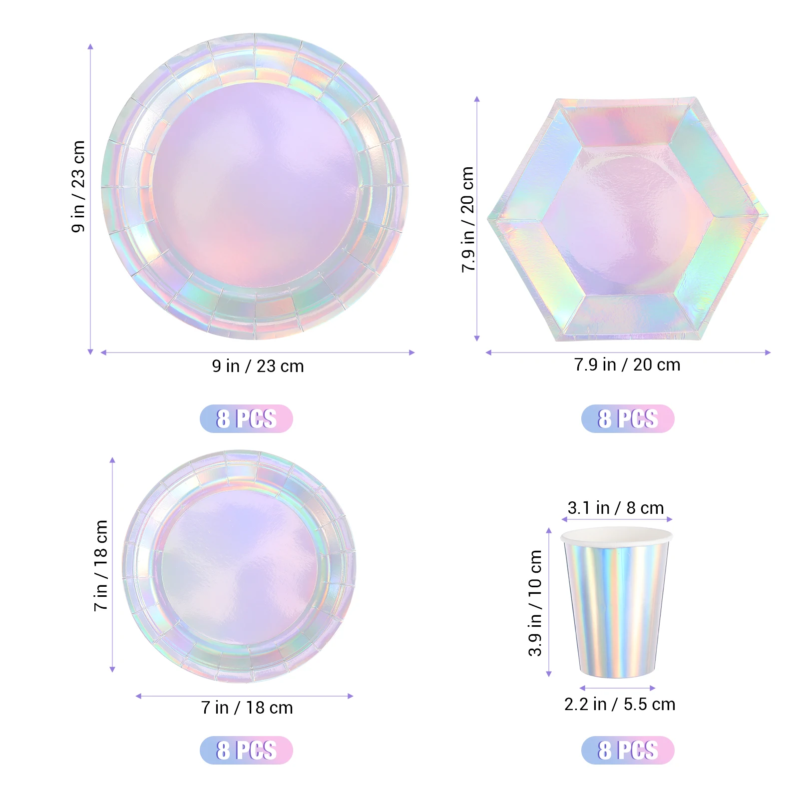 

32 Pcs Disposable Paper Tableware 8 Inch 7 Inch Plates 95 Ounce Cups Holographic Party Supplies Safe Daily Use Kitchen Bar Items