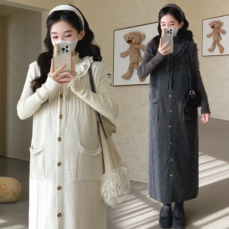 Maternità di fascia alta moda 2025 Autunno stile coreano cravatta in pizzo con bottoni maglione gilet abito e top base a maniche lunghe