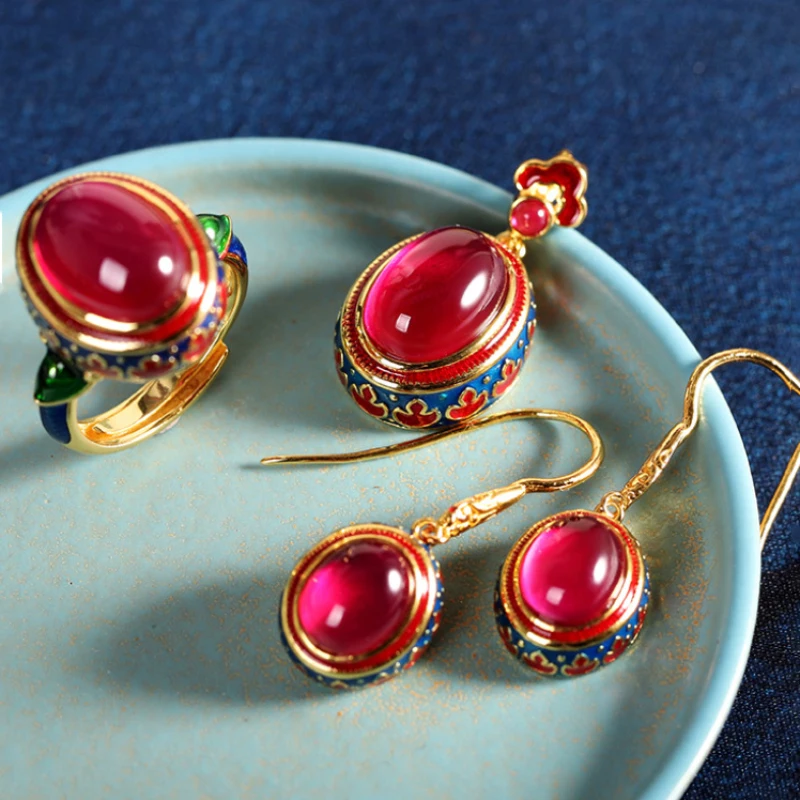 Classic Ethnic Style Natural Carnelian Vintage Pattern Enamel earrings for women Long Ancient gold crafts earings Jewelry gift