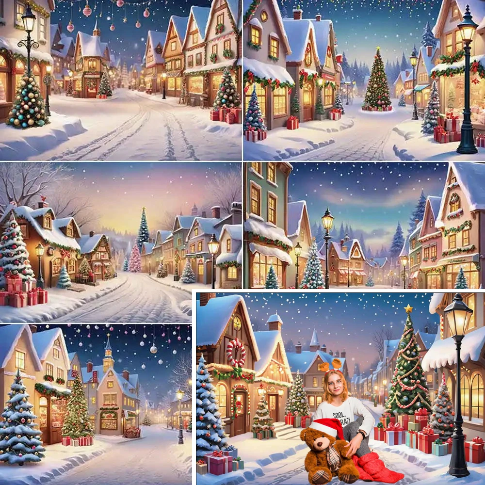 

MOON.QG 2025 Christmas Winter Village Street Photography Backdrop Child Xmas New Year Photo Background Studio Photobooth Props