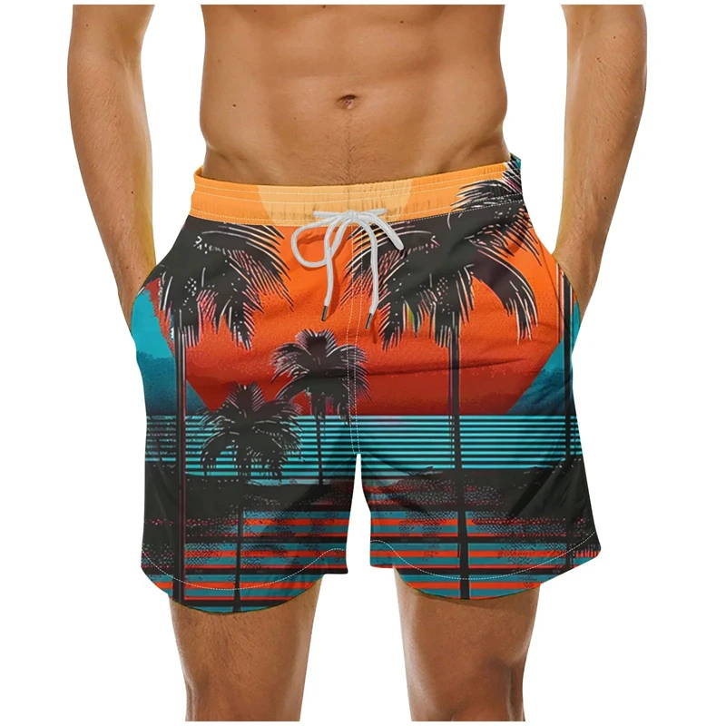 Retro Palm Tree Pattern Hawaiian Beach Shorts Colorful 3d Printing Swim Trunks Men Summer Casual Holiday Party Swimming Shorts