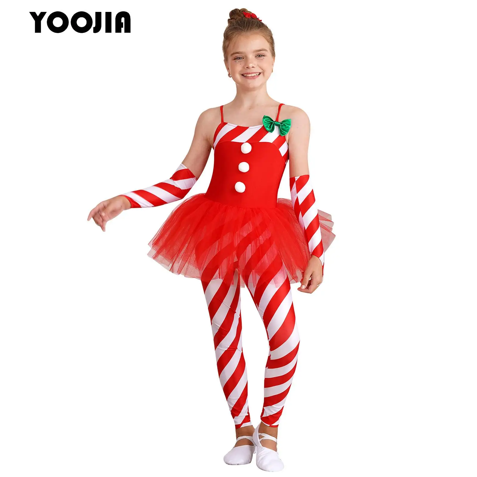 

Christmas Ballet Costumes for Kids Girls Mesh Skirted Gymnastic Leotard Candy Cane Striped Jumpsuit Tutu Dress Performance Set