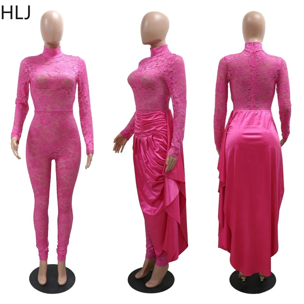 HLJ Fashion Mesh Lace Perspective Ruched Two Piece Sets Women O Neck Long Sleeve Bodsuits And Irregular Skirts Outfit Streetwear