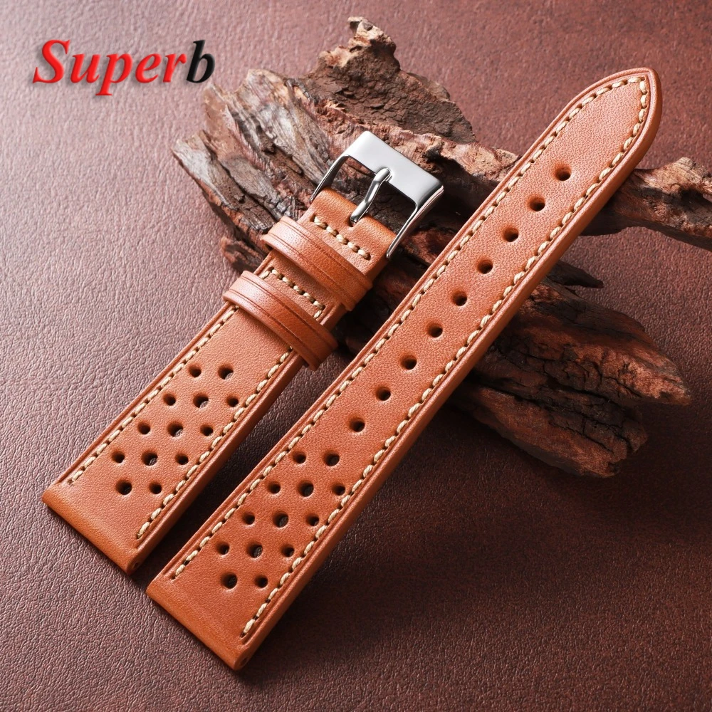 Handgefertigtes Rindslederarmband mit Nähten für Rolex, belüftetes Design, 18 mm, 20 mm, 22 mm, grün-braunes, ultradünnes Herrenarmband