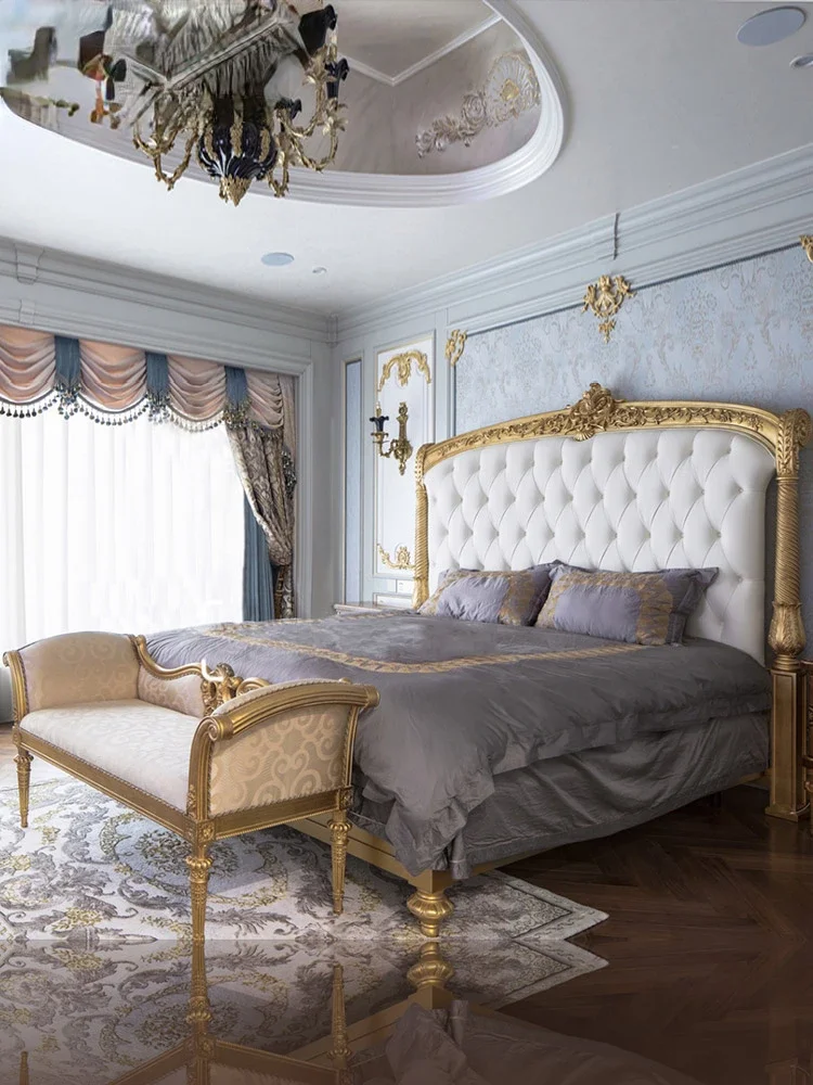 Luxury Gold Foil Fabric Double Bed French Court Villa Solid Wood Marriage Bed Furniture