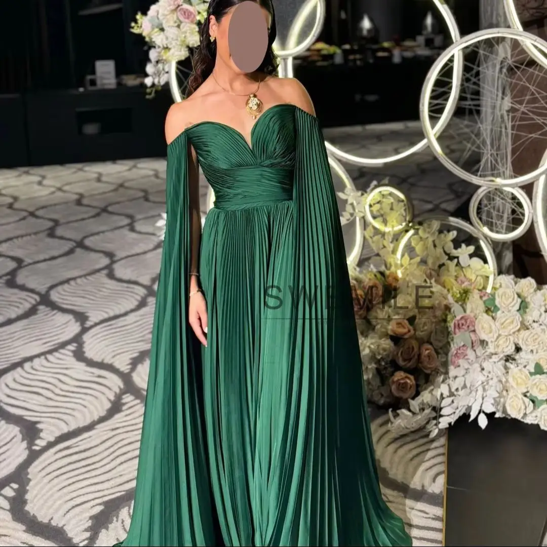 

SWEMILE Elegant Dark Green Pleat A-Line Satin Evening Dresses Off The Shoulder Sweetheart Neck Floor Length Formal Prom Gowns