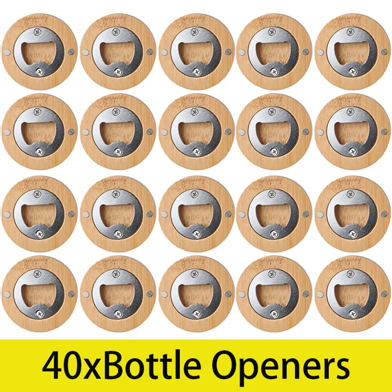 

40Pcs Beer Bottle Opener Bamboo Round Bottle Opener Coaster Fridge Magnet for Kitchen Party Bar Wedding Decor