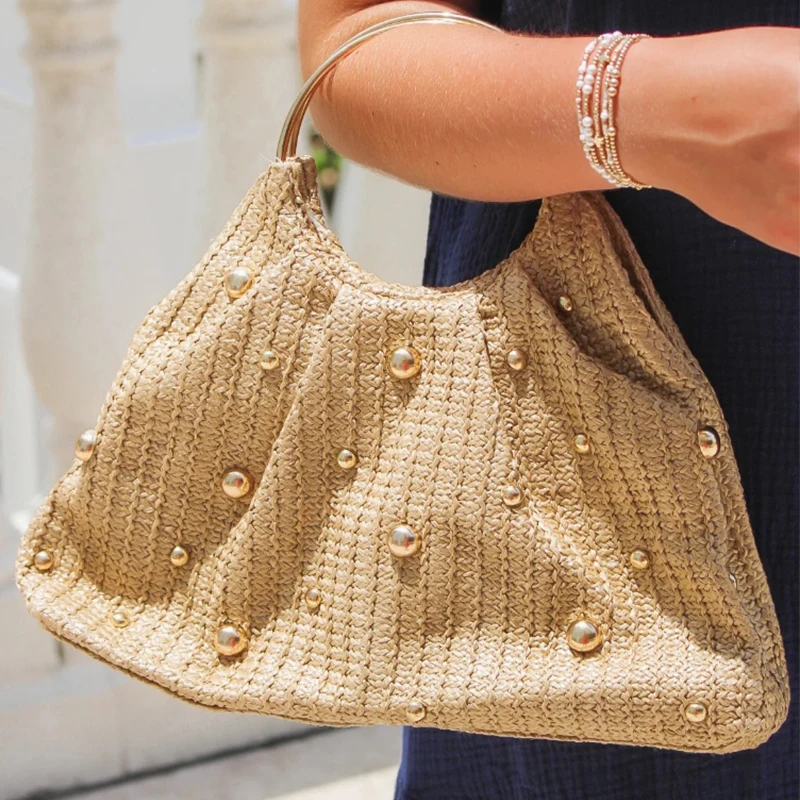 

Boho Beaded Straw Handbag Elegant Circle Handle Clutch Purse Summer Beach Woven Tote Women's Rattan Evening Bag For Wedding Bag