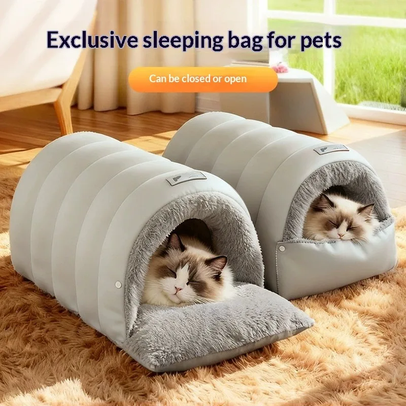Saco de dormir de cuero semicerrado, casa para gatos lavable, parte inferior impermeable, cama de cueva para gatos cálida para invierno, almohadilla extraíble de lana antideslizante