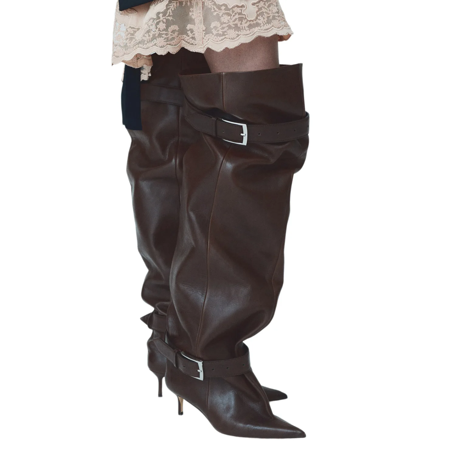 2026 Women's New Pointed Low Heel Thigh Boots with Belt Buckle, Straight Tube Long Plus Size 43 Over The Knee Women's Boots 43 - view 2