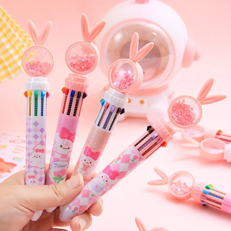 Random 1Pc/2Pcs Long-Eared Rabbit 10-Color Ballpoint Pen, Press-Type Ten-Color-In-One Retractable Pen for Exams and Office Use, Multi-Color Signature Pen