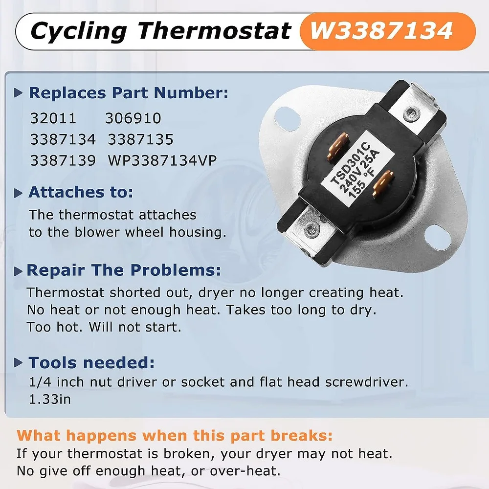 3387134 High-Limit Thermostat 3392519 Dryer Thermal Fuse Cut-Off Switch Compatible With Whirlpool Kenmore Maytag Replaces Parts