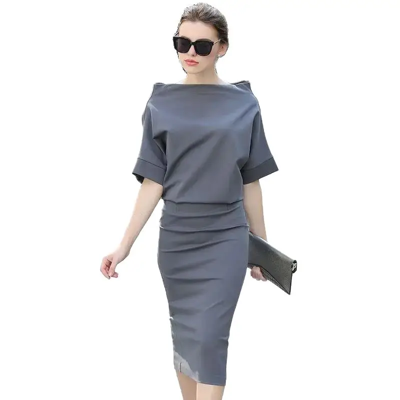 Slim fit bat sleeve wrap dress, Batwing short Sleeves Sheath Slash neck Knee-Length dressesnew spring 2024